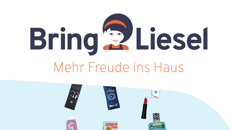 Logo mit dem Schriftzug 'Bring Liesel' und dem Slogan 'Mehr Freude ins Haus' über mehreren schwebenden Produktverpackungen